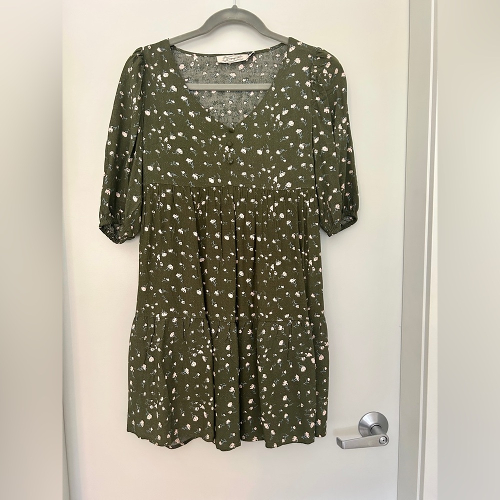 Propaganda Floral Ditsy Tiered Babydoll Mini Dress Puff Sleeve Olive S XXS